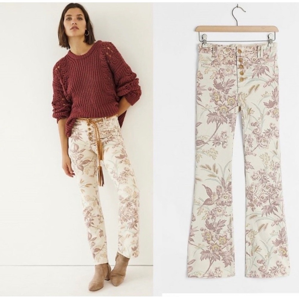 Pilcro and the Letterpress High-Rise Trouser Bootcut Floral Jeans Cream Mauve 27